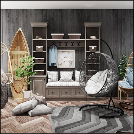 现代欧式风格柜子吊椅和木船等组合素材之家精选3D模型