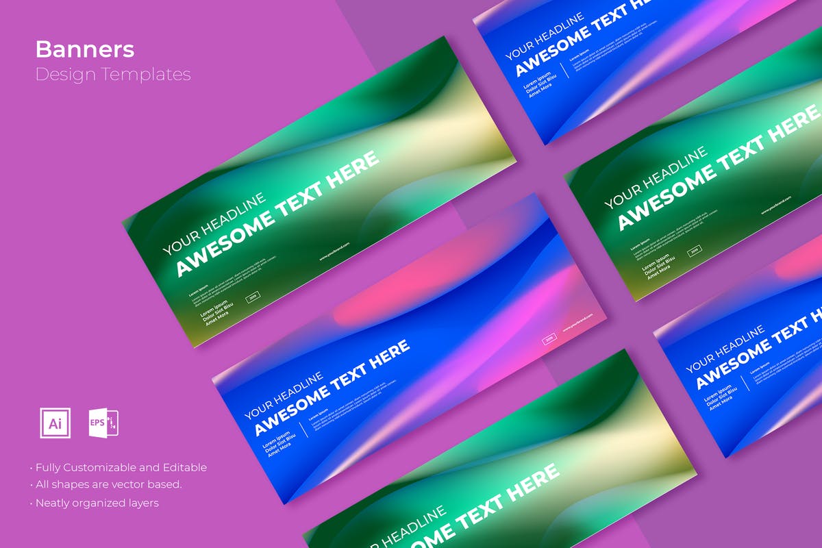 渐变丝带波纹图形广告Banner图设计模板v31 SRTP Banners Template.31插图