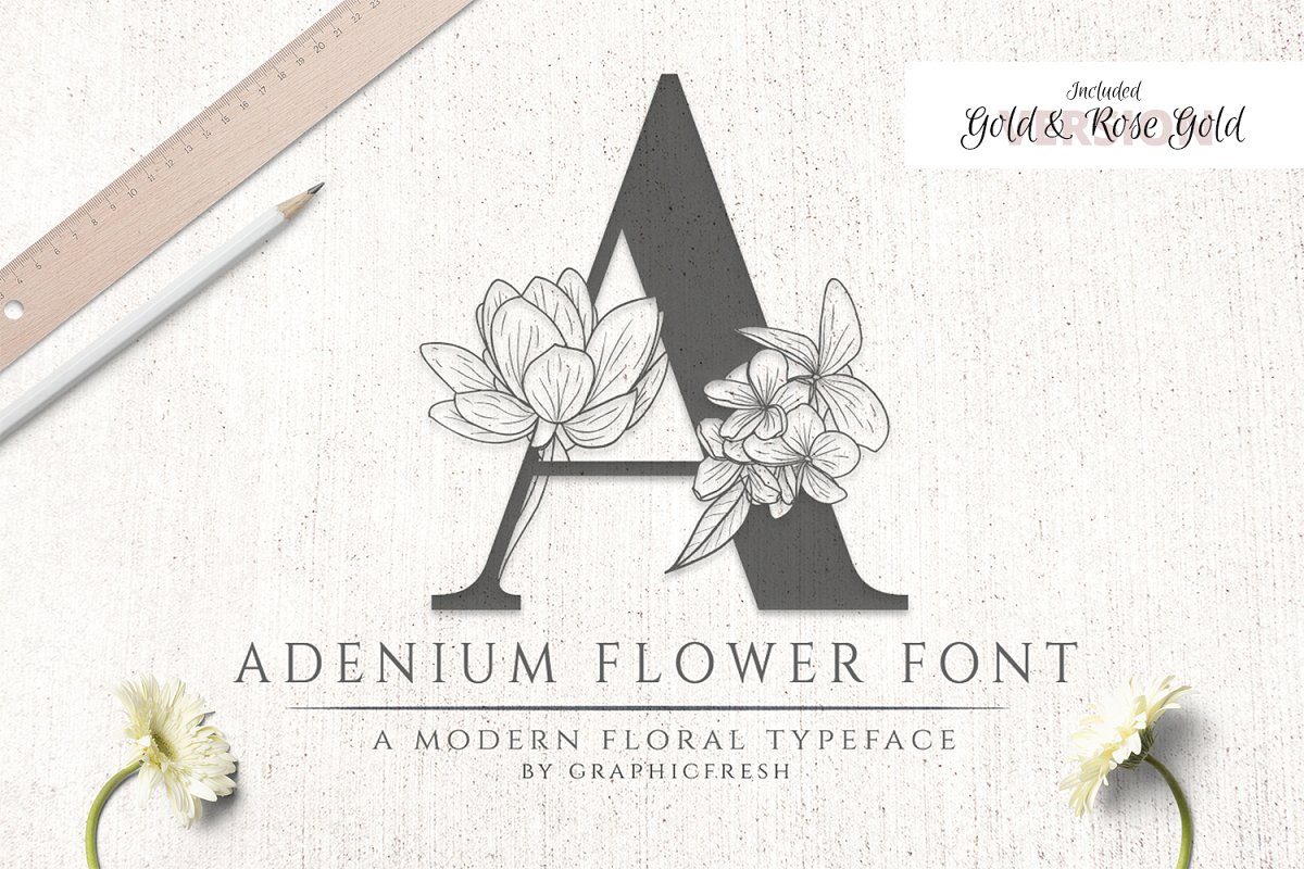 Adenium Font + Gold & Rose Gold Foil素材之家精选英文字体