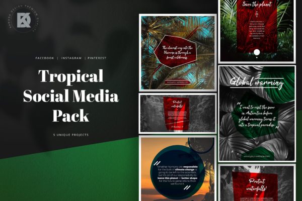 适用于旅游品牌推广的社交平台设计模板素材库精选 Tropical Quote Global Warming Kit