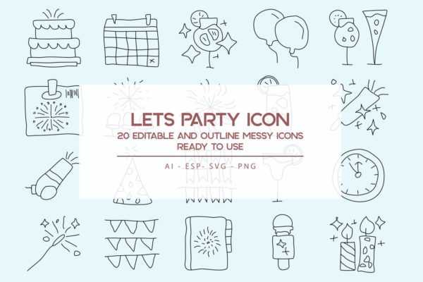 20枚活动派对主题手绘设计风格矢量线性素材库精选图标 Lets Party Outline Icons Set