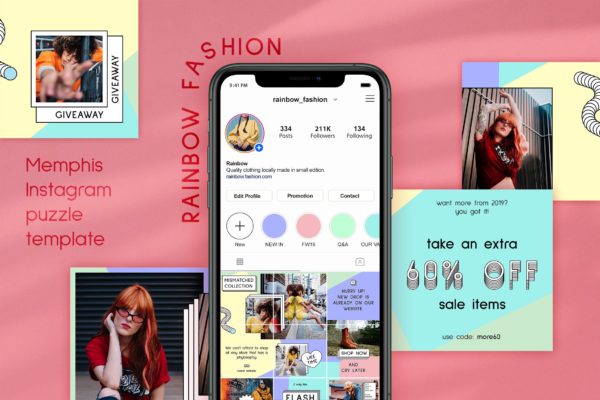 孟菲斯风格Instagram社交时尚拼图设计模板素材库精选素材 Memphis – Instagram Fashion Puzzle