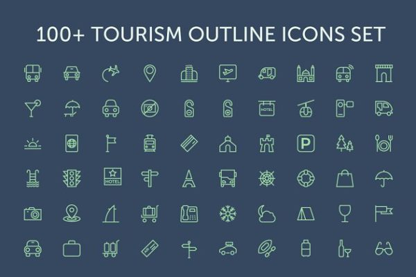 100枚旅游主题线条图标 100+ Tourism Outline Icons Set
