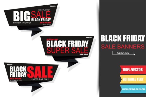 黒五购物狂欢节Banner横幅广告模板 Black Friday Sale Banners