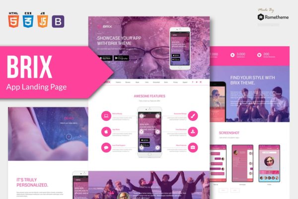 多主题风格APP应用官网设计HTML模板素材库精选 BRIX – Mobile App landing page HTML Template