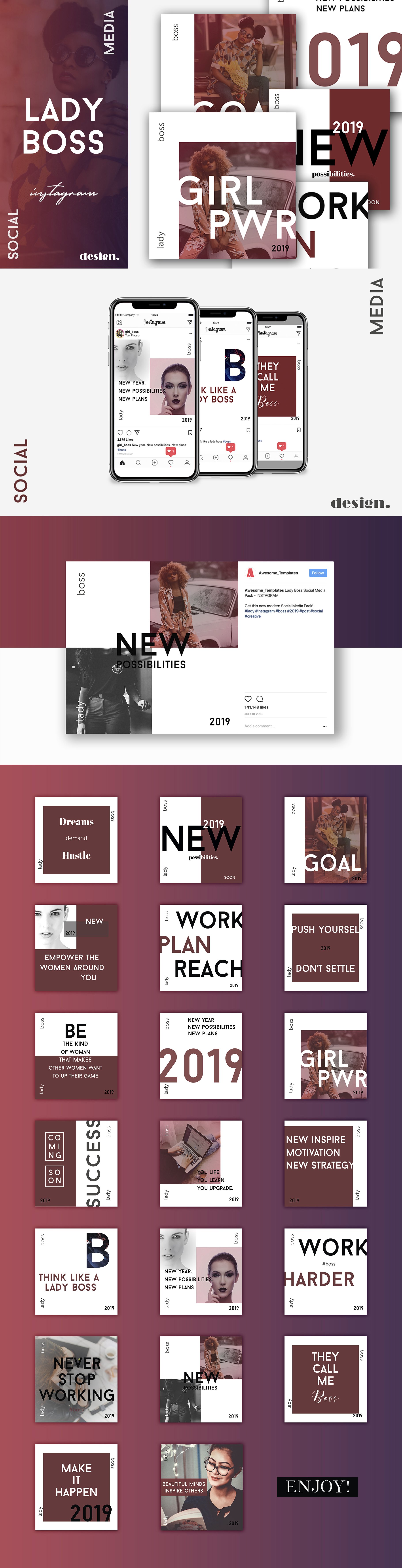 20款女老板Instagram社交媒体模板素材库精选 Lady Boss Instagram Posts Pack [psd,jpg,tif,otf]插图