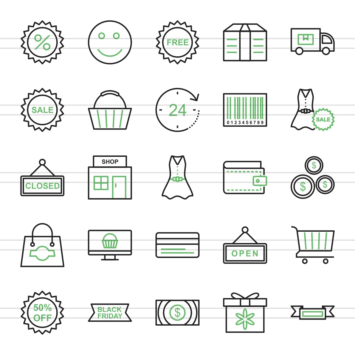 25枚黑色星期五主题绿黑色线性素材库精选图标 25 Black Friday Line Green & Black Icons插图(1)