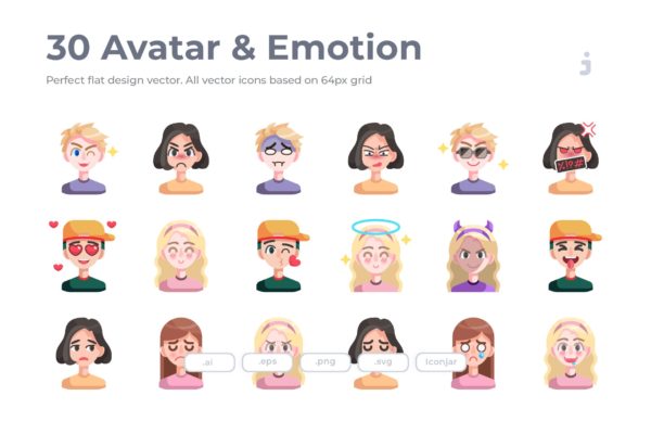 30枚扁平设计风格人物头像&amp;表情矢量素材库精选图标 30 Avatar &amp; Emotion Icons – Flat