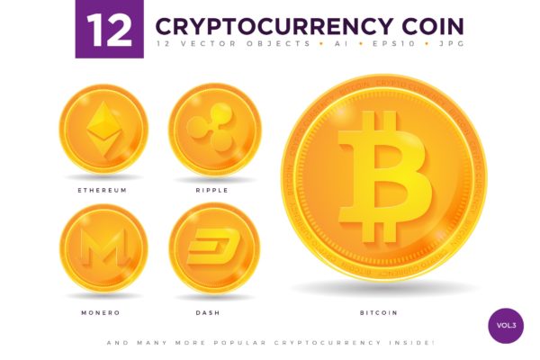12枚加密货币主题硬币形状矢量素材库精选图标合集v3 12 Crypto Currency Coin Vector Illustration Set 3