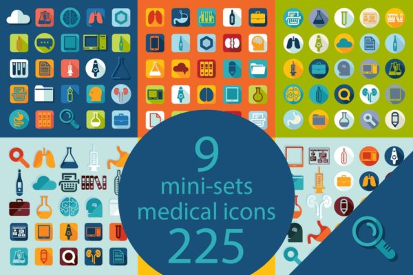 9套225个扁平风格医疗图标 9 MEDICAL sets of icons