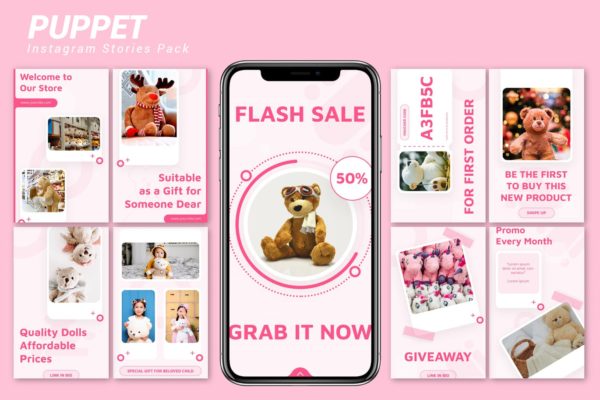 毛绒玩具品牌Instagram推广设计模板素材库精选 Puppet – Instagram Story Pack