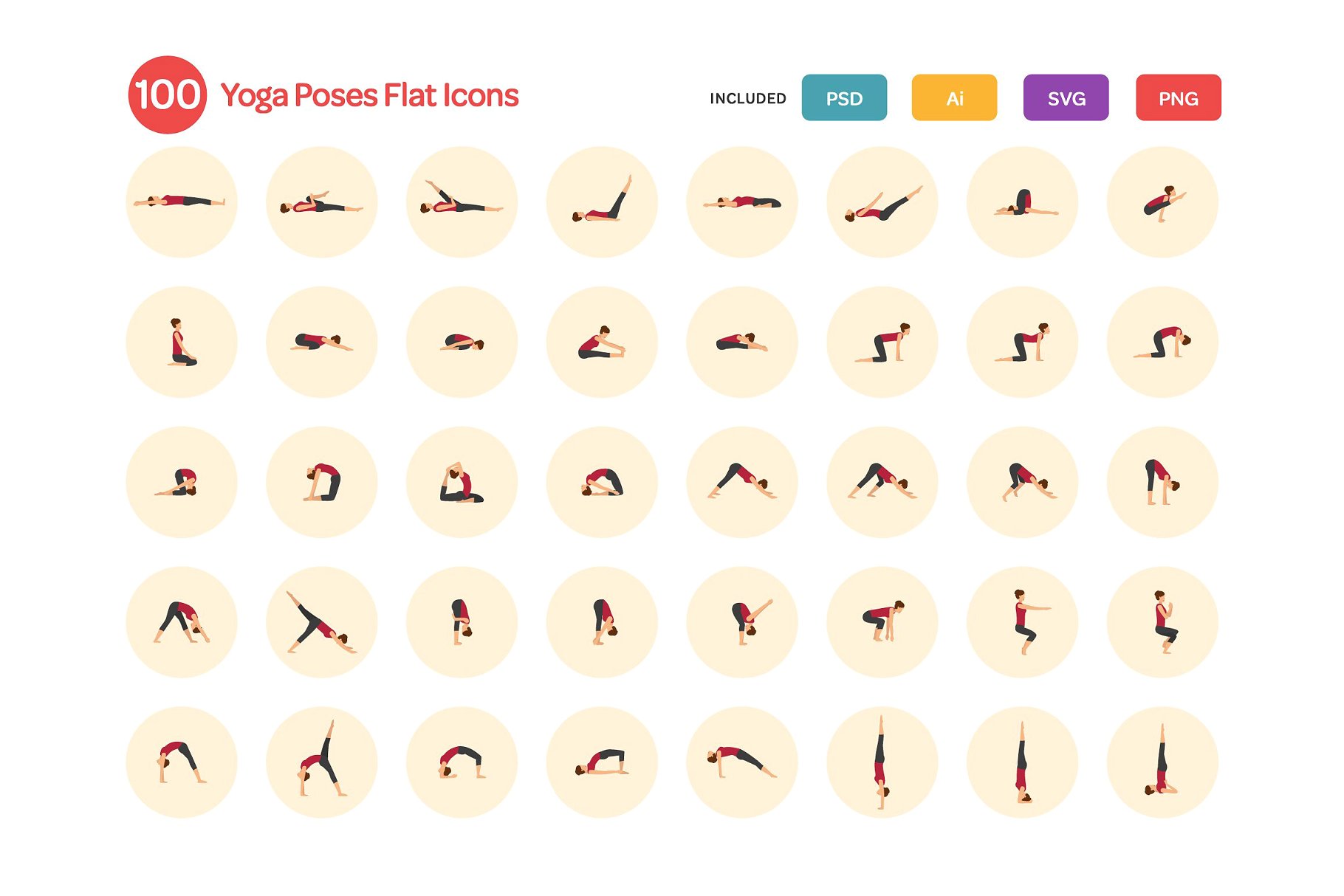 瑜伽动作扁平化图标 Yoga Poses Flat Icons Set插图(2)