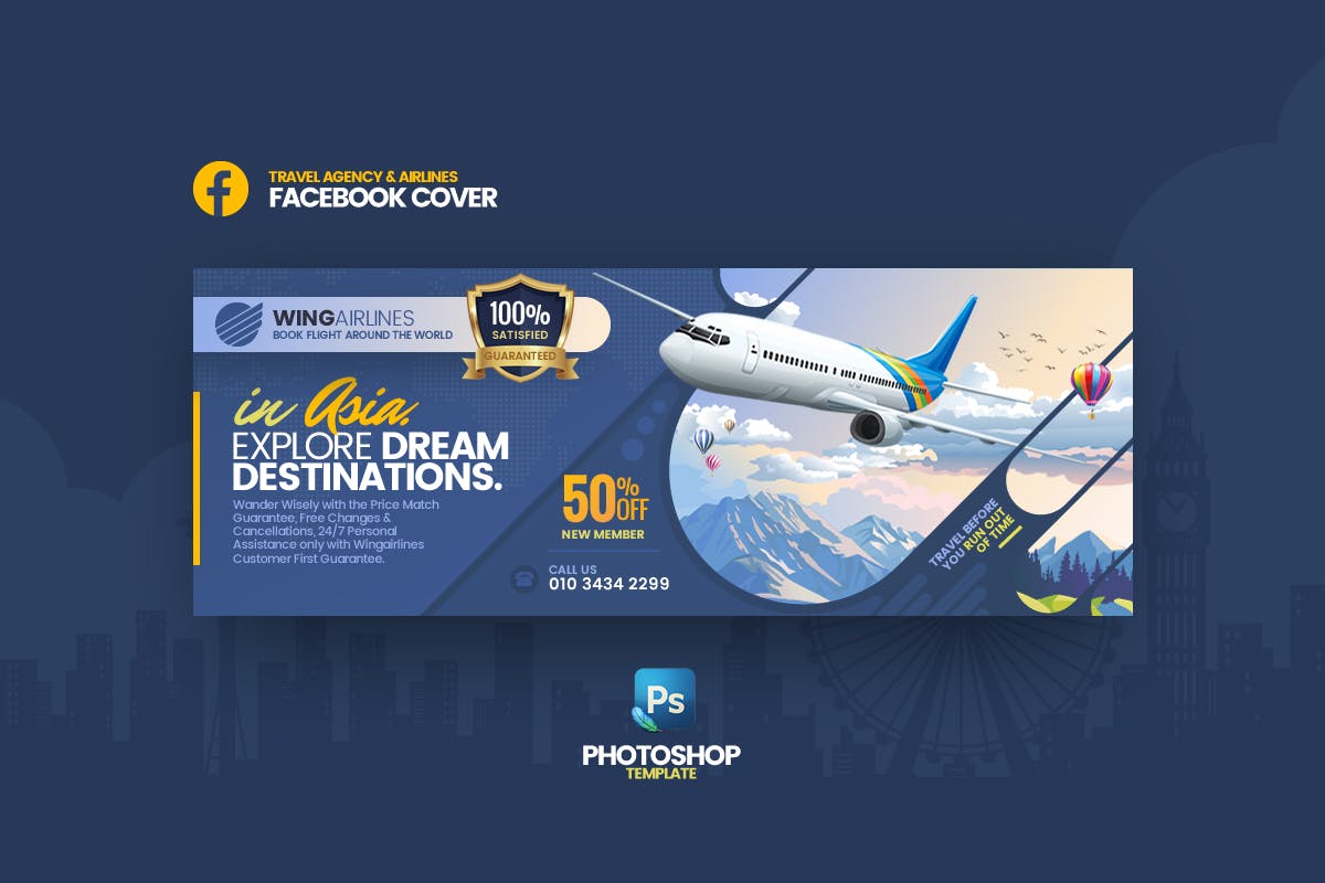 旅行社＆航空公司Facebook封面＆Banner设计模板素材库精选 Wingairlines – Travel Agency FB Cover Template插图