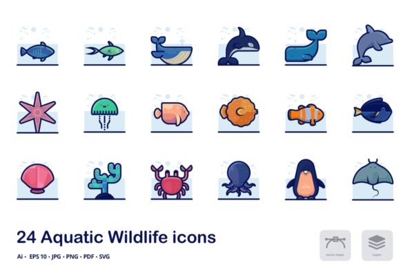 海洋水生野生动物矢量描边图标合集 Aquatic Wildlife Detailed filled outline icons