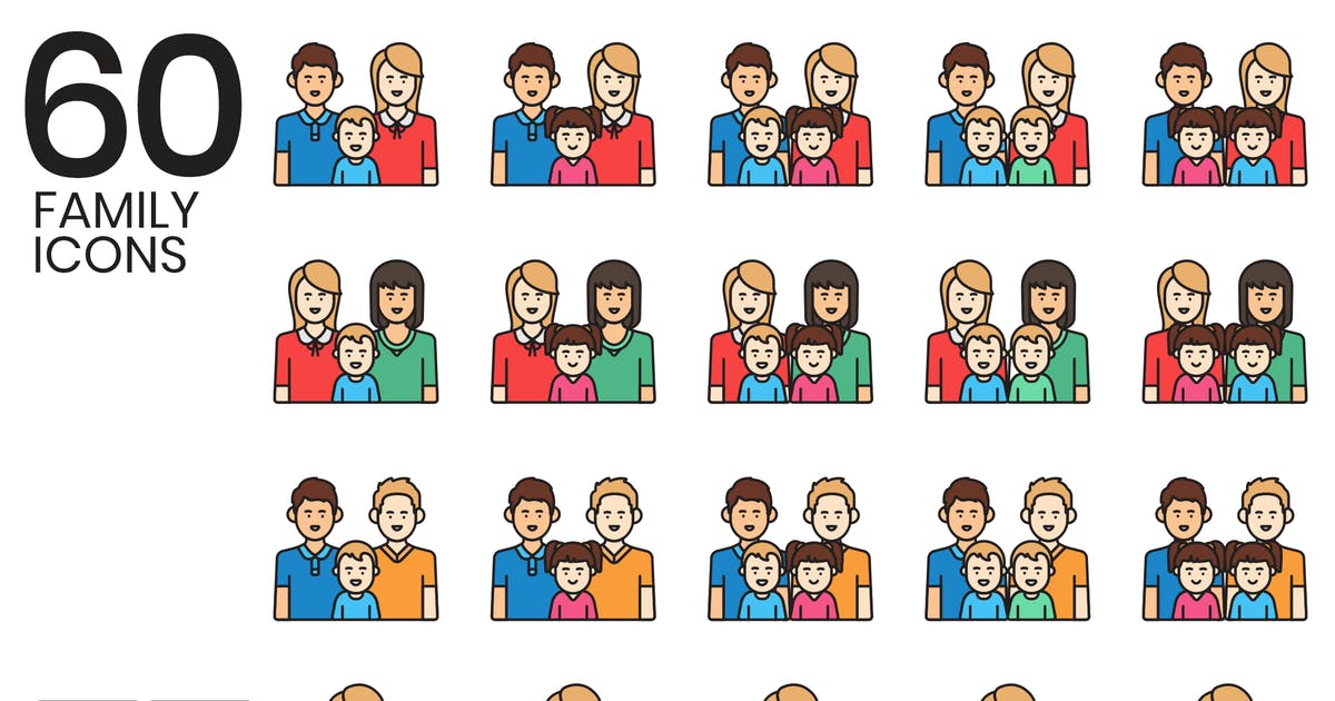 60枚家庭主题矢量图标素材 60 Family Icons | Vivid Series插图