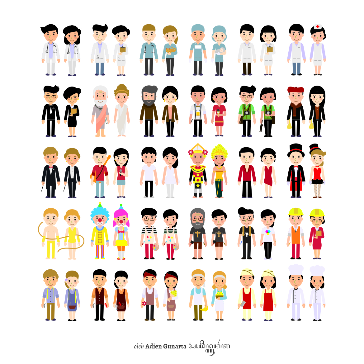 60枚各类职业形象两性性别扁平化图标 60 Men&Women Profession Flat Designs插图(1)