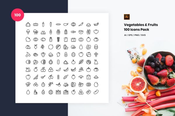 100枚蔬菜&amp;水果主题矢量素材库精选图标 Vegetables and Fruits 100 Icon Pack