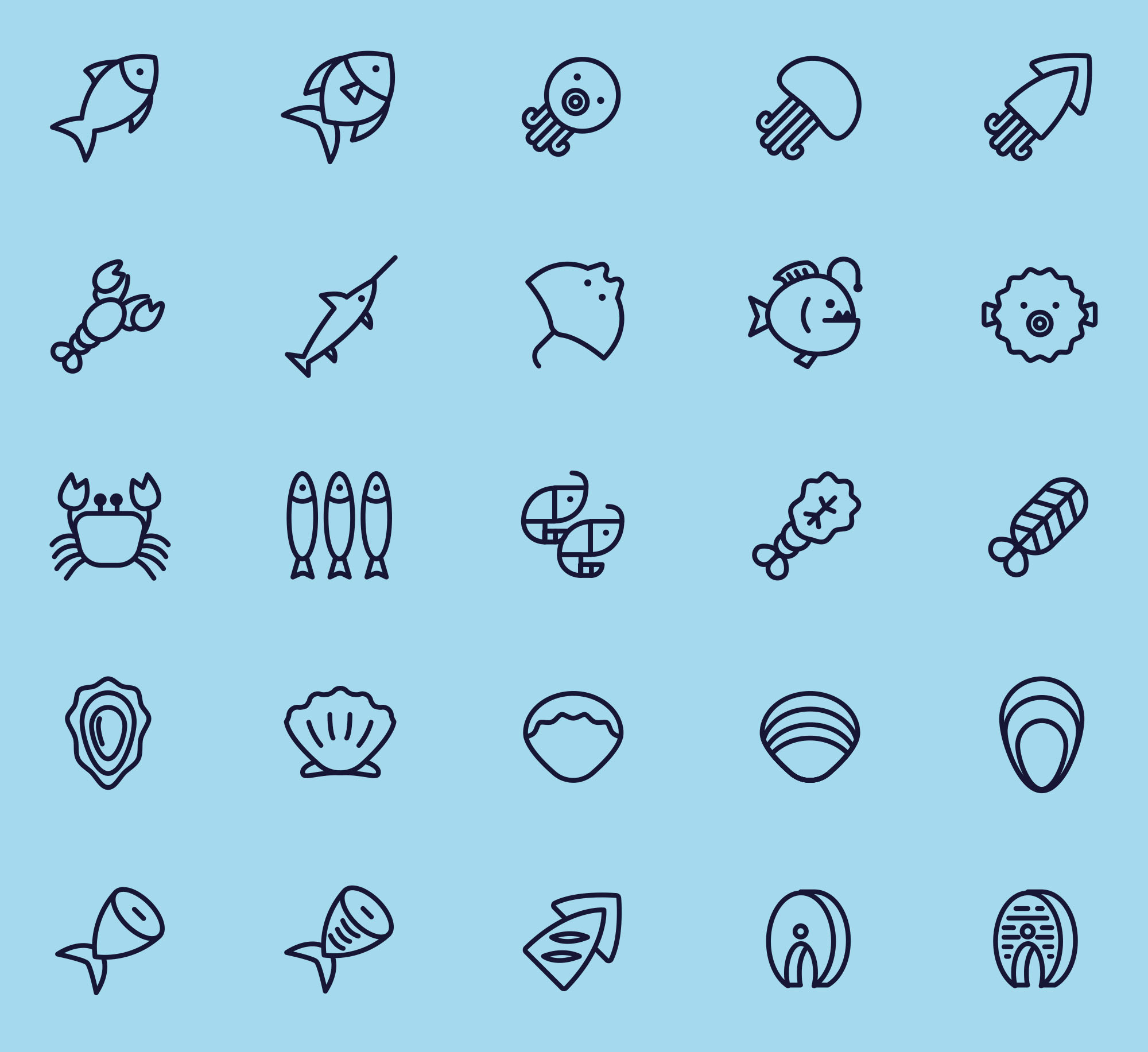 25枚海鲜美食矢量线性素材库精选图标 25 Vector Line Seafood Icons插图
