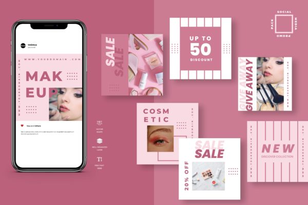 粉色系双色调版式设计Instagram贴图设计模板素材库精选 Five Duotone Instagram Post Template