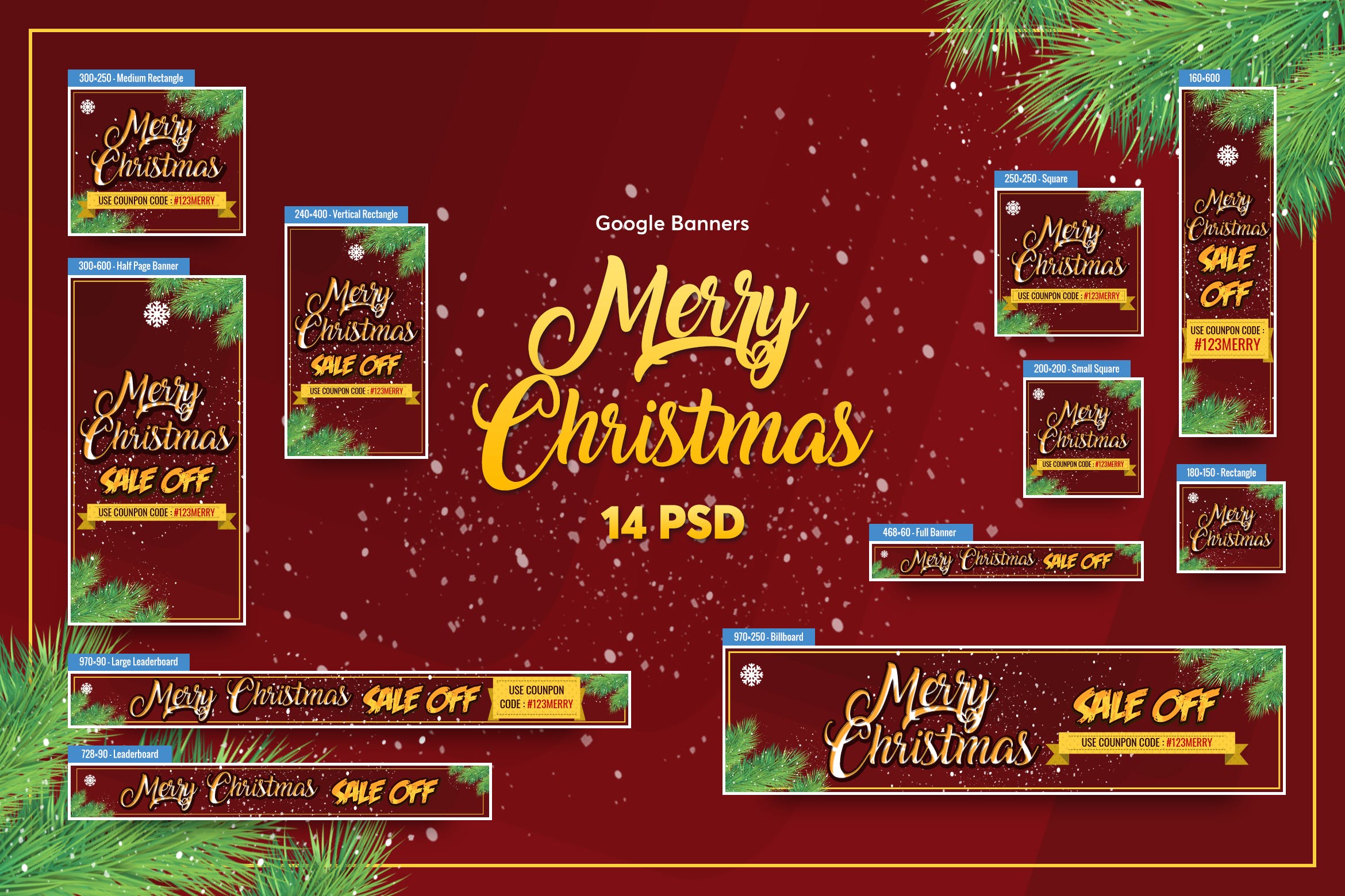 圣诞节主题谷歌广告Banner设计全尺寸套装模板v1 Merry Christmas Banners Ad PSD Template插图
