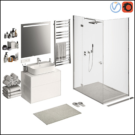 卫生间洗脸台梳妆镜淋浴房和毛巾洗浴用品组合素材之家精选3D模型