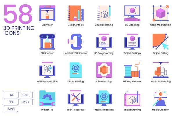 58个3D打印技术相关创意图标下载[Ai]
