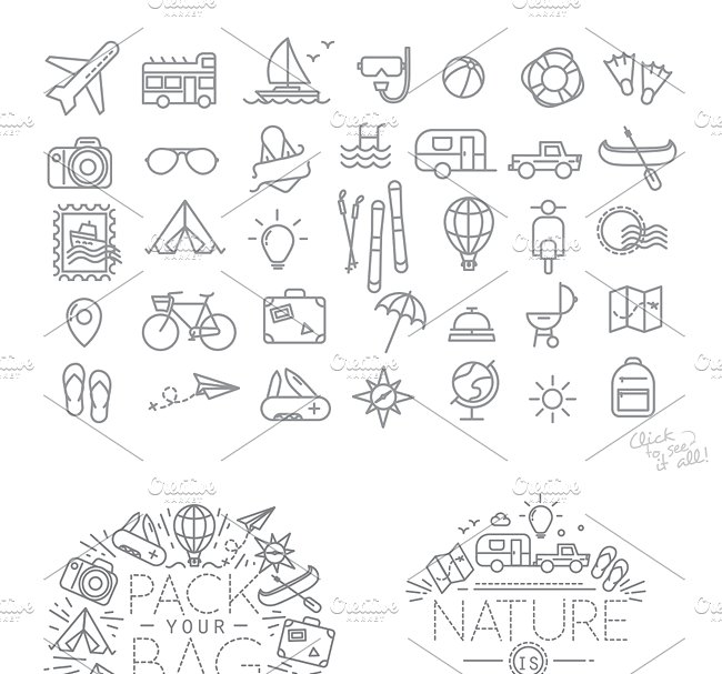 旅行主题线条图标集 Travel flat icons插图(1)