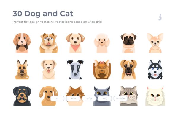 30枚狗&amp;猫扁平设计风格矢量图标 30 Dog and Cat Icons – Flat