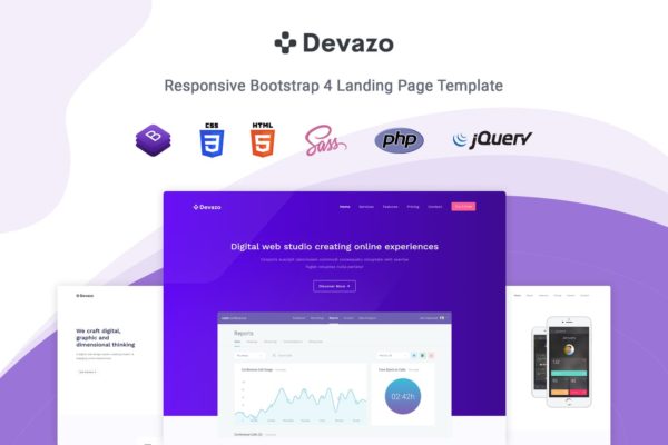 Bootstrap框架响应式多用途HTML网站模板素材库精选 Devazo – Landing Page Template
