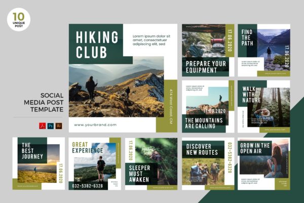 徒步俱乐部主题社交媒体设计素材包 Hiking Club Social Media Kit PSD &amp; AI