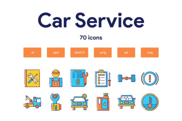70枚汽车服务主题填色线性素材库精选图标 Car Service Icon Set