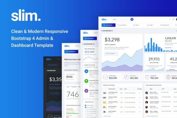 现代简约管理员&amp;仪表盘Bootstrap模板素材库精选 Slim Clean &amp; Modern Bootstrap 4 Admin &amp; Dashboard