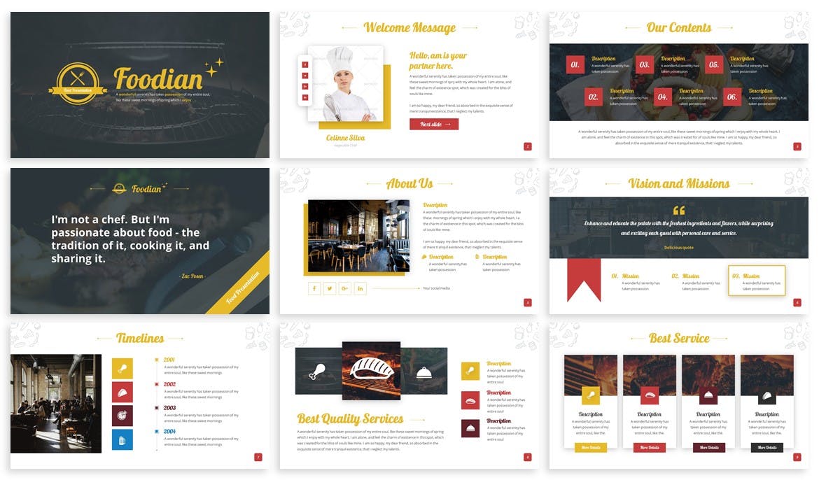 西餐厅宣传/美食培训PPT幻灯片模板下载 Foodian – Delicious Powerpoint Template插图(1)