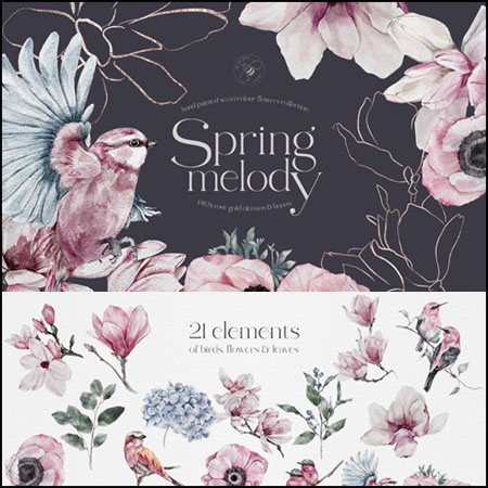 21种春季手绘水彩花朵 叶子 小鸟剪贴画PNG免抠图