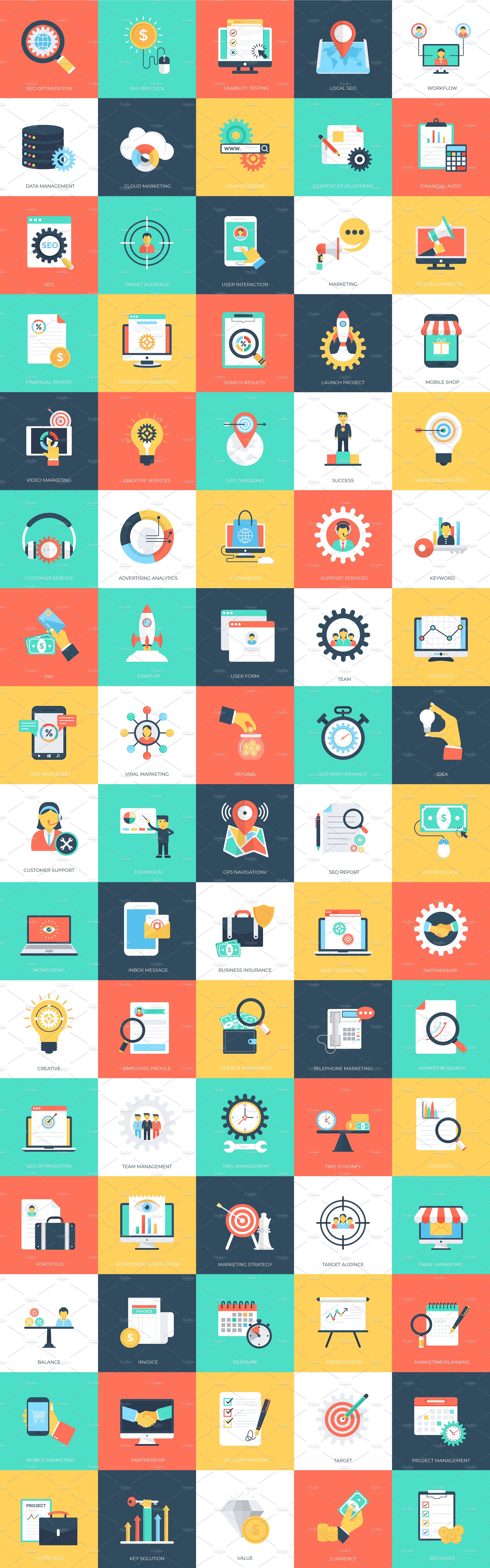 80枚搜索引擎优化和营销主题平面图标 80 SEO and Marketing Flat Icons插图(1)