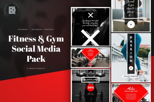 健身/健身房社交媒体横幅广告设计模板素材库精选 Fitness &amp; Gym Social Media Banners Pack