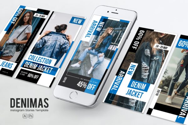 牛仔服饰Instagram品牌推广PSD&amp;AI模板素材库精选 Denim Clothing Instagram Stories PSD &amp; AI Template