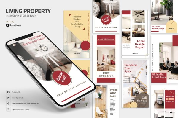 Instagram社交平台房地产品牌故事设计素材 Living – Property Instagram Stories Pack