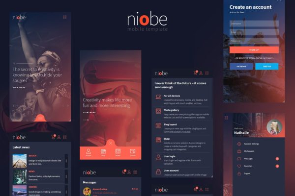 时尚暗色调H5手机网站模板素材库精选素材 Niobe – Html Mobile Template