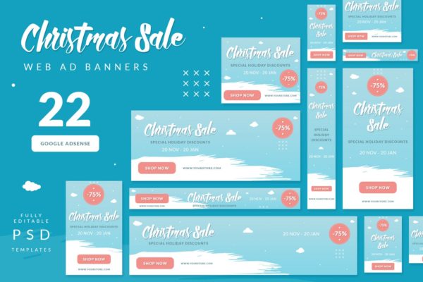 圣诞节主题背景多尺寸网站Banner素材库精选广告模板 Christmas Sale Web Ad Banners