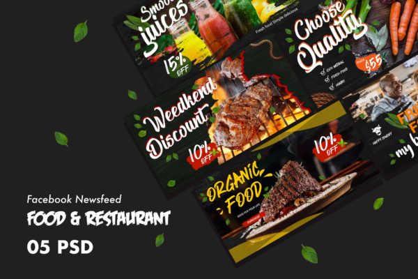 西式美食&amp;餐厅Facebook社交信息流贴图设计PSD模板素材库精选 Food &amp; Restaurants Facebook Newsfeed PSD Template