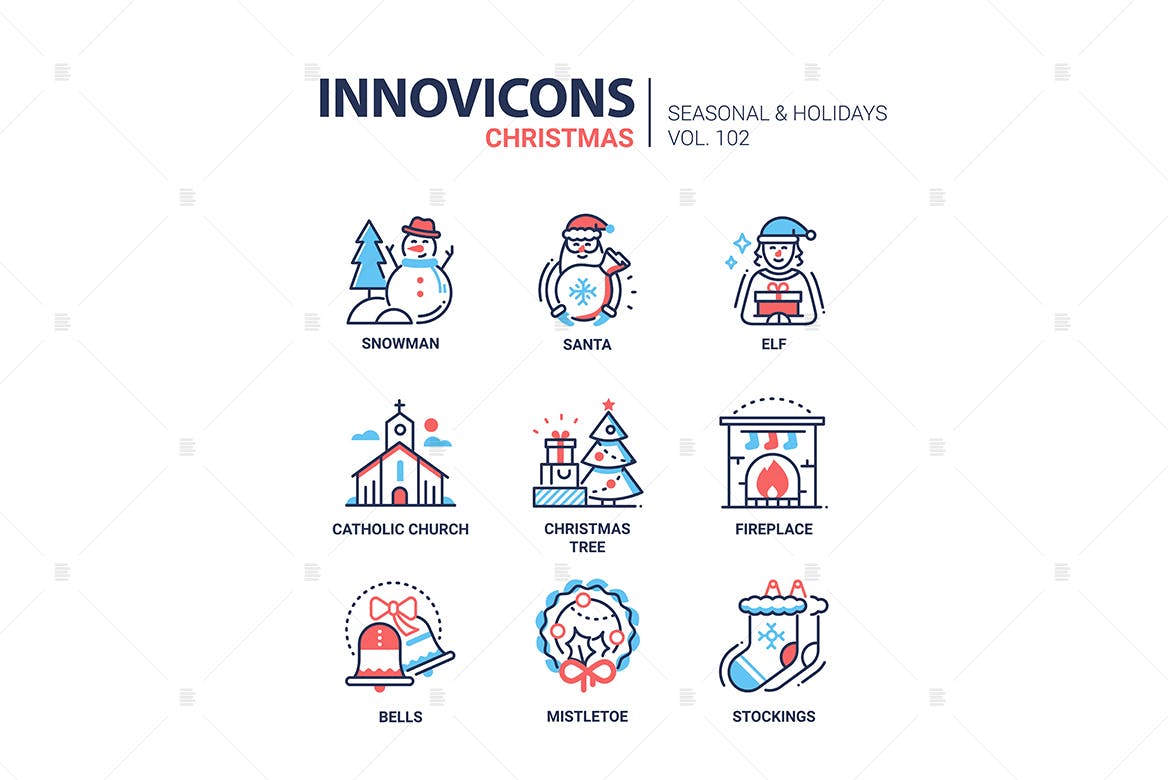 圣诞符号扁平设计风格线性图标素材v1 Christmas symbols line design style icons set插图(1)