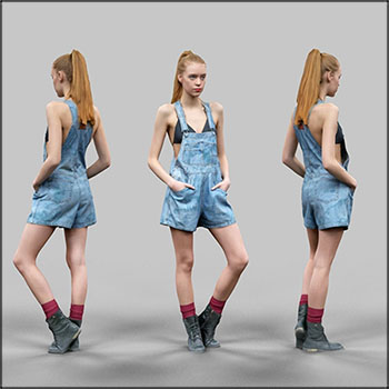 穿着牛仔背带短裤红袜子和皮靴的女模特素材之家精选3D模型