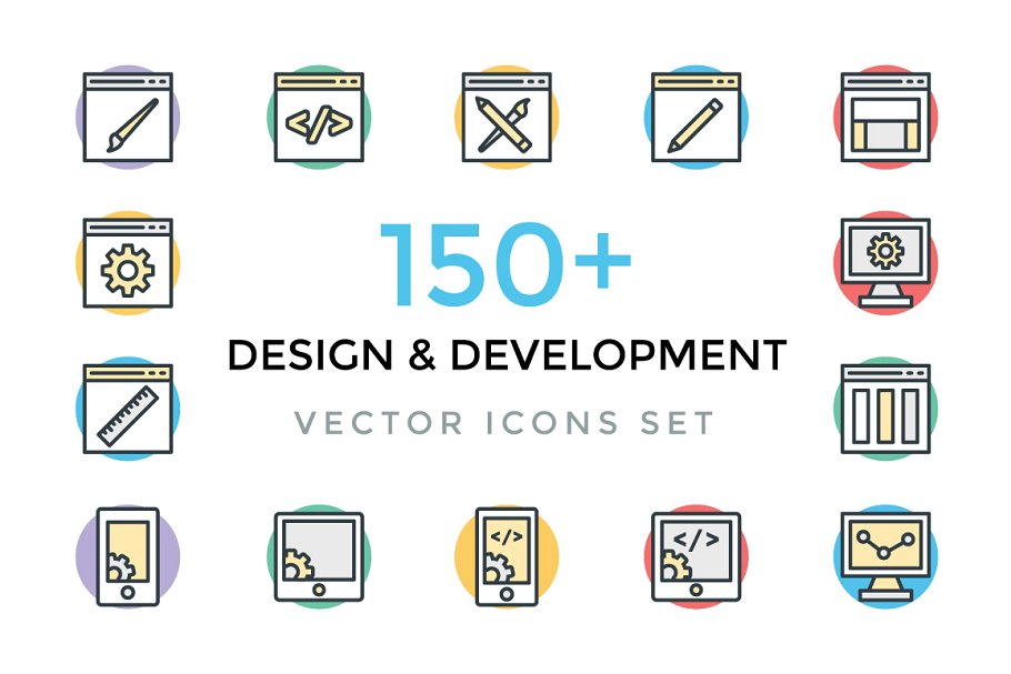 150+互联网开发&设计专题彩色图标 150+ Design and Development Icons插图