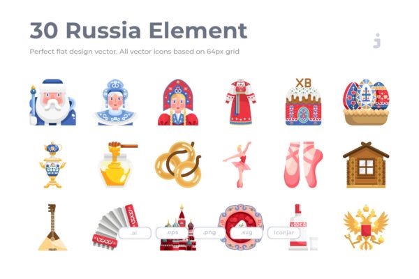 30枚扁平设计风格俄罗斯民族元素矢量素材库精选图标 30 Russia Element Icons – Flat