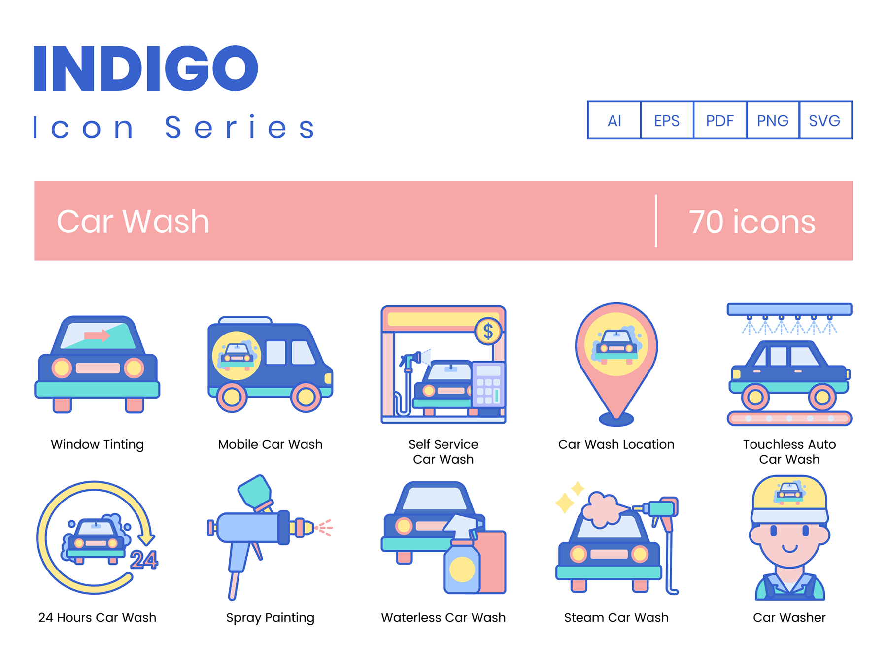 素材库下午茶：创意洗车服务矢量图标下载[Ai]插图