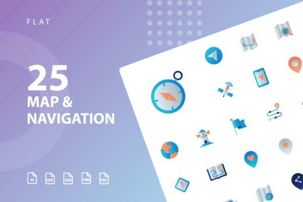 25枚地图导航扁平设计风格矢量素材库精选图标 Map &amp; Navigation Flat