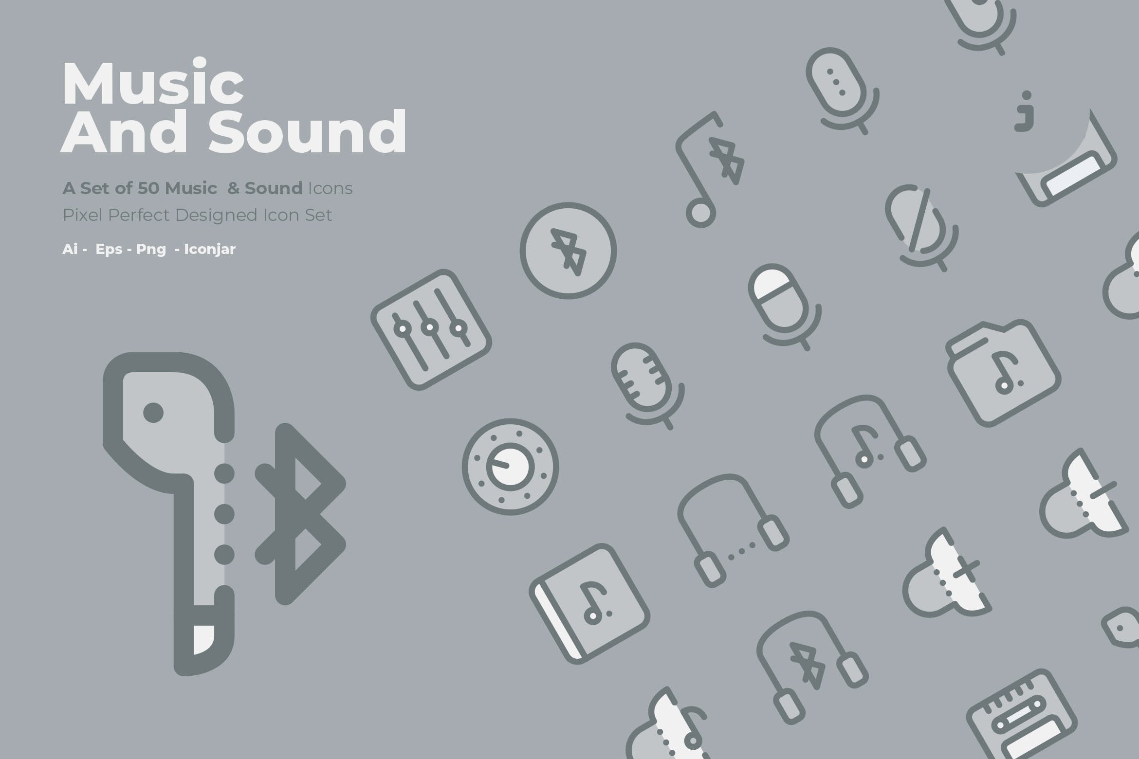 50枚音乐&声音主题矢量双色调素材库精选图标 50 Music and Sound Icons – Two Tone Style插图