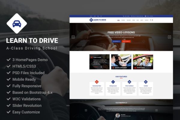 驾驶培训驾校网站设计模板素材库精选 LearnToDrive | Driving School &amp; Lessons Template