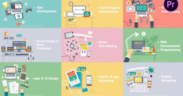 15个设计师和工程师插画场景动画素材库精选PR模板 Creative Process – Flat Design Concepts for Premiere